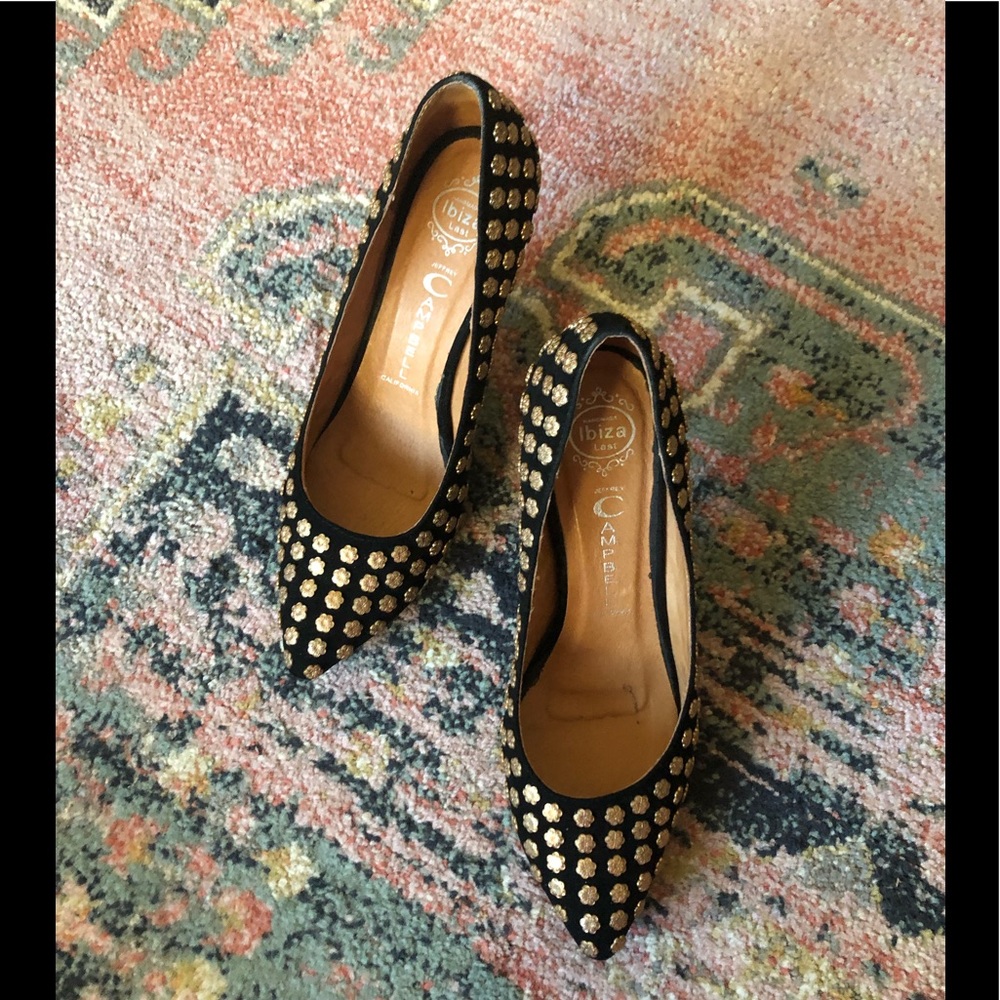 Black Suede Jeffrey Campbell Tia Heels with Gold Flower Studs Size 10